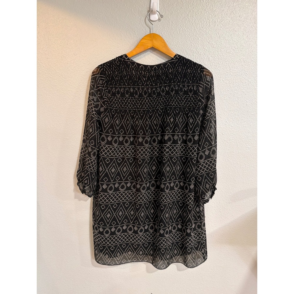 Madewell Geometric Diamond Print Tunic Dress Women XS Black Smocked Split Neck - Picture 7 of 7